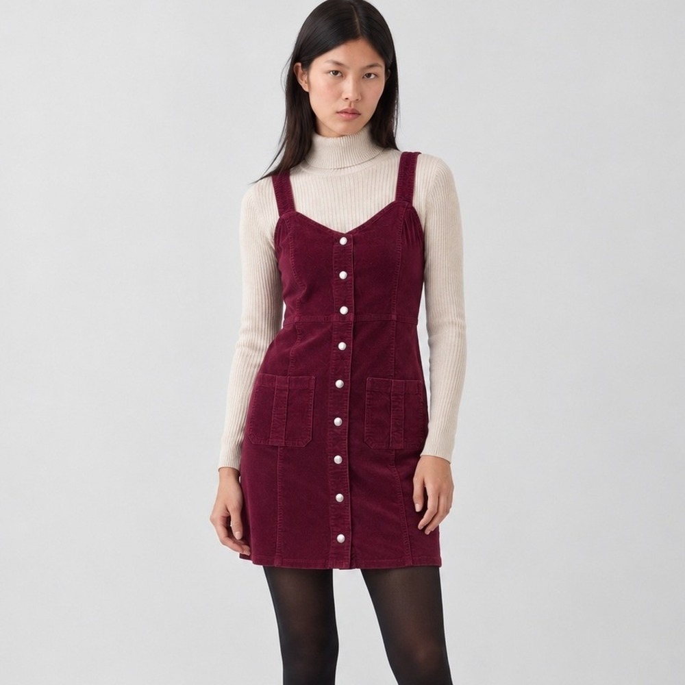 Express Burgundy Corduroy Button Front Mini Dress Size Medium Y2K Pinafore | M